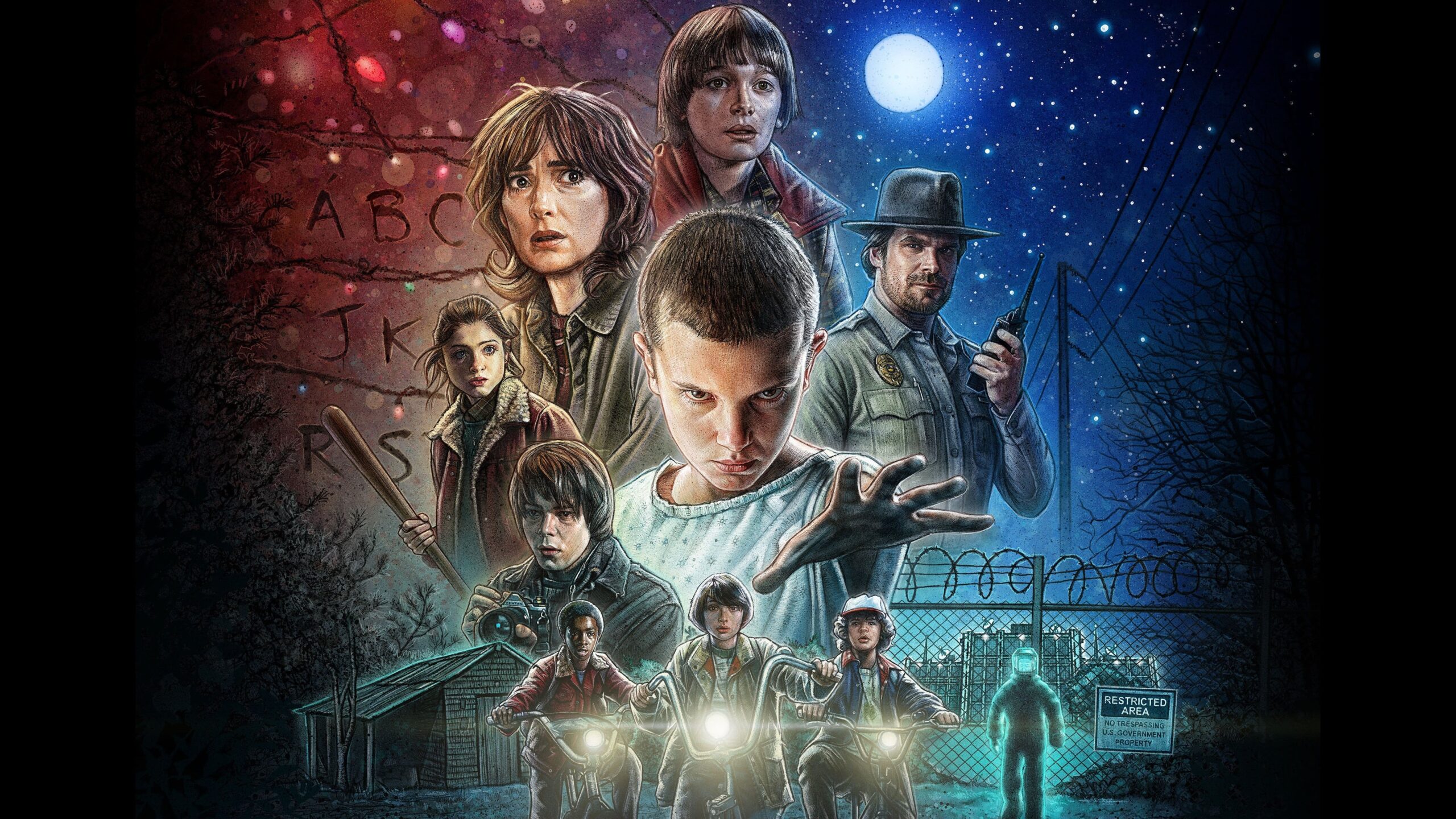 Grupo de amigos de 'Stranger Things' em cena icônica da série, com Eleven ao centro, cercada por Mike, Dustin e Lucas, em um momento de suspense e aventura no mundo invertido.